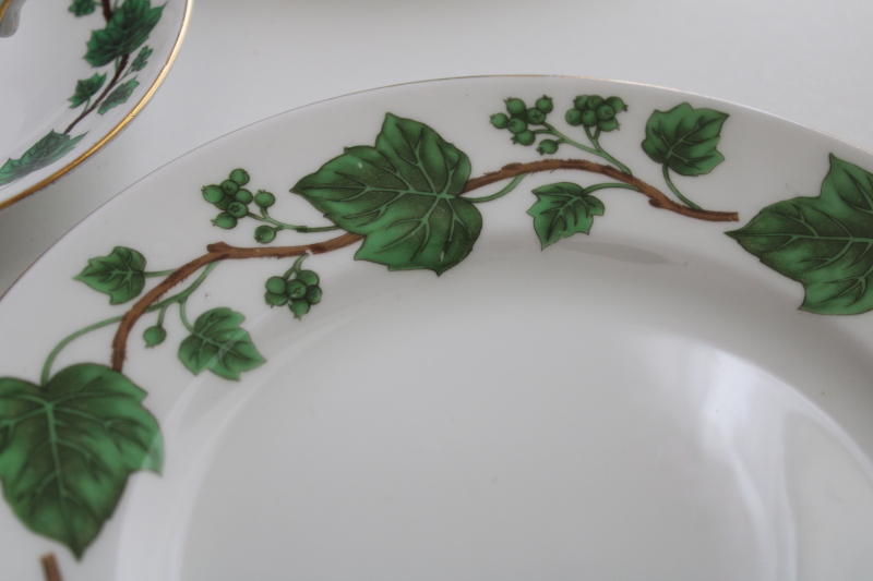 photo of Crown Staffordshire bone china, green vine ivy pattern vintage tea cups & saucers w/ plates #6