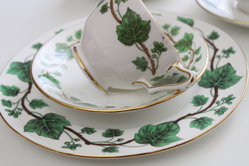 photo of Crown Staffordshire bone china, green vine ivy pattern vintage tea cups & saucers w/ plates #7