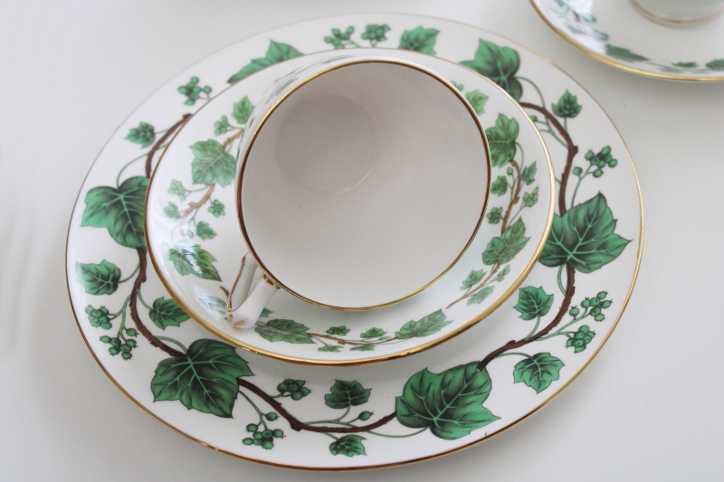 photo of Crown Staffordshire bone china, green vine ivy pattern vintage tea cups & saucers w/ plates #8