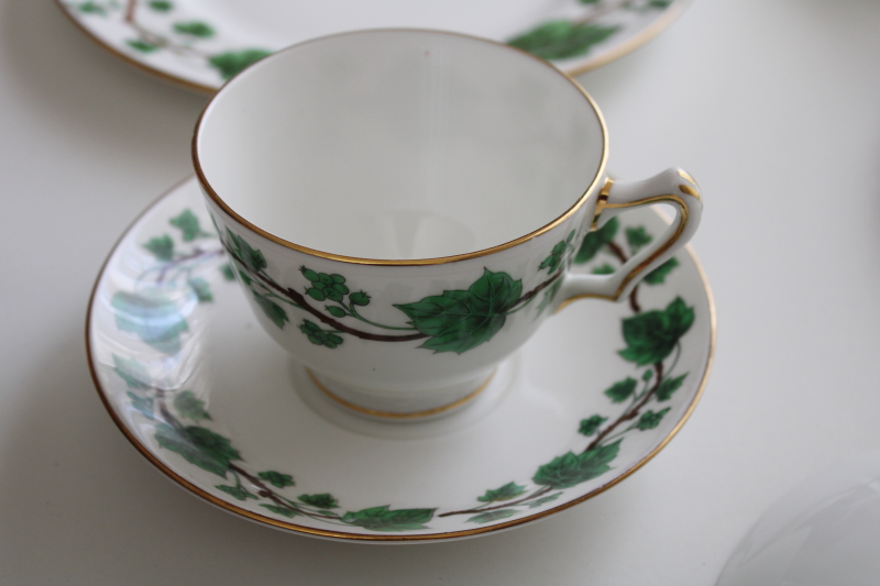 photo of Crown Staffordshire bone china, green vine ivy pattern vintage tea cups & saucers w/ plates #11