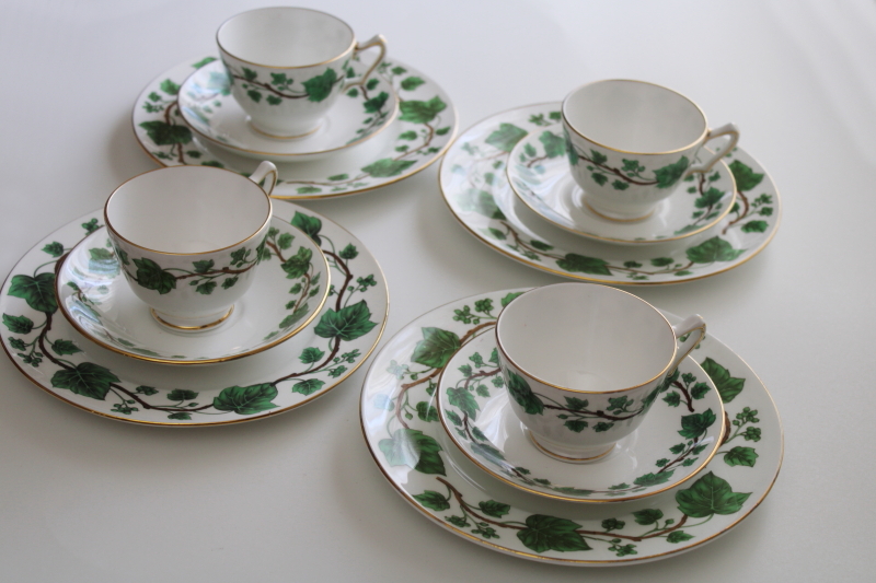 photo of Crown Staffordshire bone china, green vine ivy pattern vintage tea cups & saucers w/ plates #12