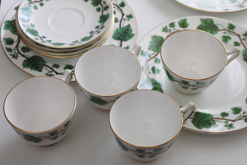 photo of Crown Staffordshire bone china, green vine ivy pattern vintage tea cups & saucers w/ plates #13