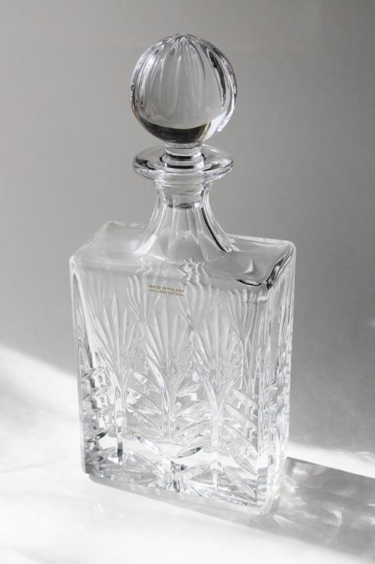 photo of Crystal Clear glass decanter w/ Poland label, Portico pattern liquor bottle w/ stopper #1