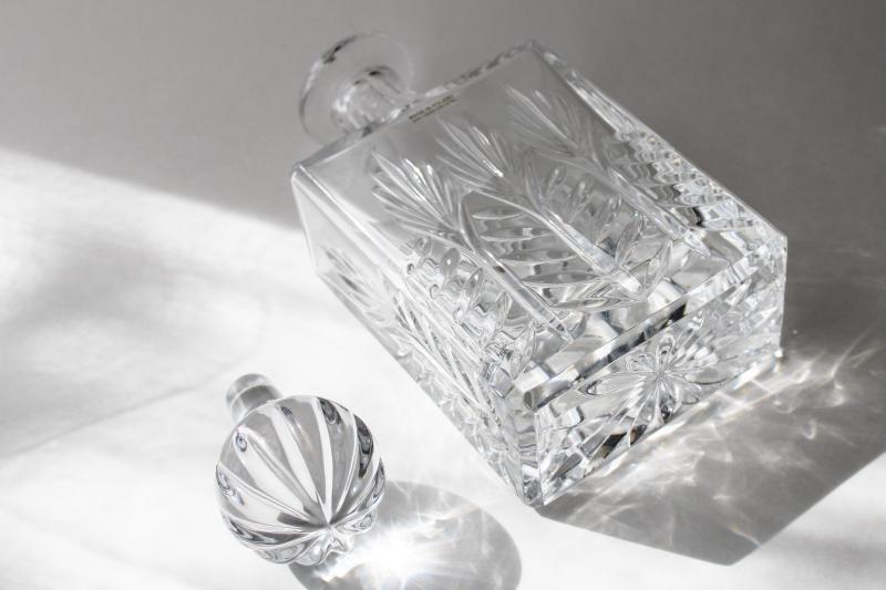 photo of Crystal Clear glass decanter w/ Poland label, Portico pattern liquor bottle w/ stopper #5