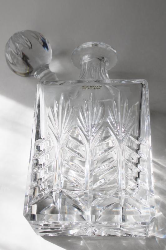 photo of Crystal Clear glass decanter w/ Poland label, Portico pattern liquor bottle w/ stopper #7