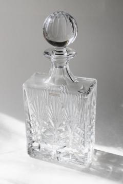 catalog photo of Crystal Clear glass decanter w/ Poland label, Portico pattern liquor bottle w/ stopper