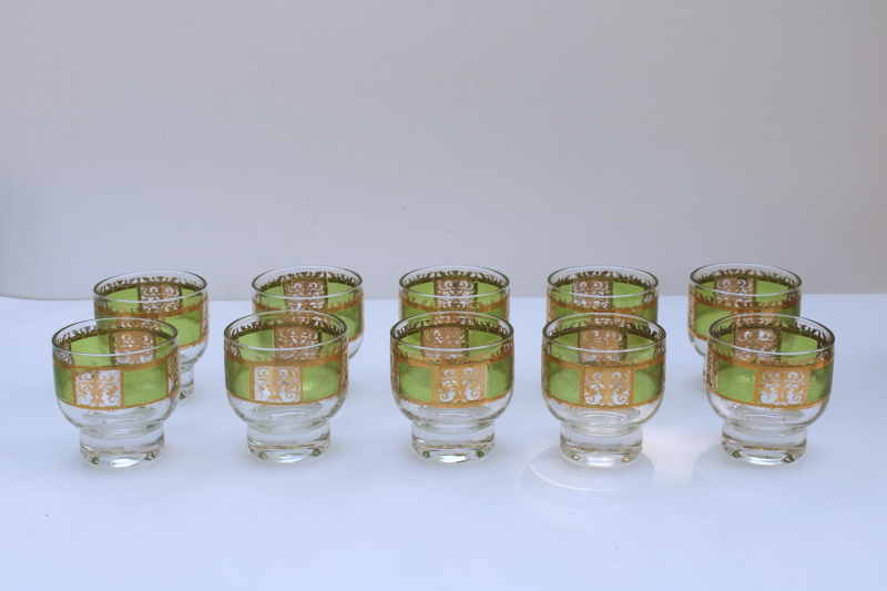 photo of Culver Prado green & gold scrolls glasses, set of 10 whiskey tumblers or punch cups MCM vintage  #1