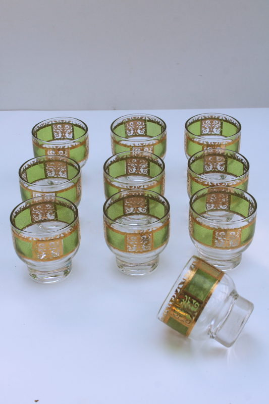 photo of Culver Prado green & gold scrolls glasses, set of 10 whiskey tumblers or punch cups MCM vintage  #2