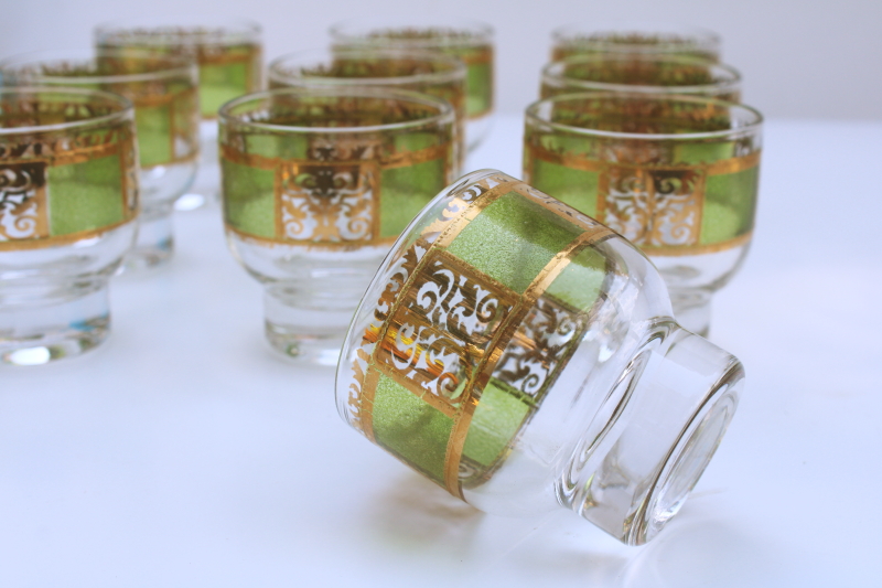 photo of Culver Prado green & gold scrolls glasses, set of 10 whiskey tumblers or punch cups MCM vintage  #3