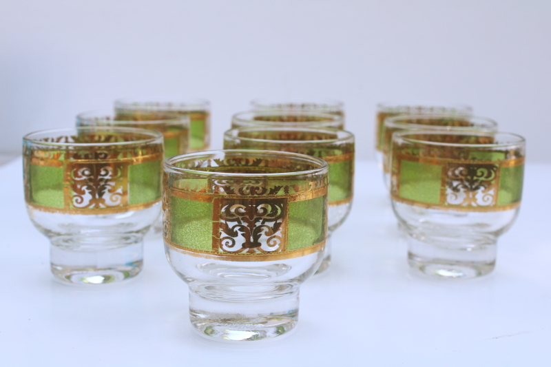 photo of Culver Prado green & gold scrolls glasses, set of 10 whiskey tumblers or punch cups MCM vintage  #5