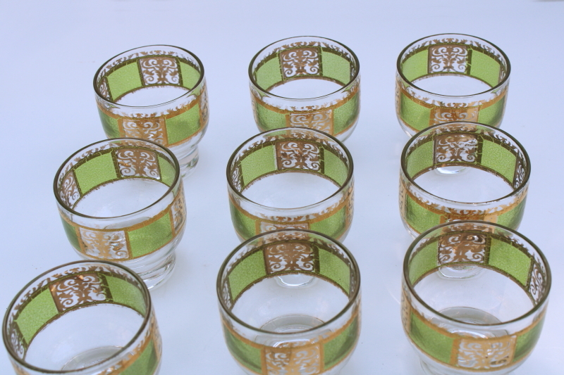 photo of Culver Prado green & gold scrolls glasses, set of 10 whiskey tumblers or punch cups MCM vintage  #6