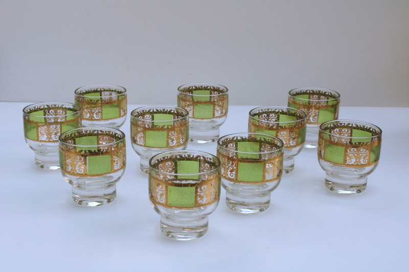 photo of Culver Prado green & gold scrolls glasses, set of 10 whiskey tumblers or punch cups MCM vintage  #8