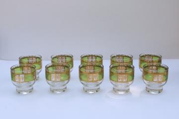 Culver Prado green & gold scrolls glasses, set of 10 whiskey tumblers or punch cups MCM vintage 