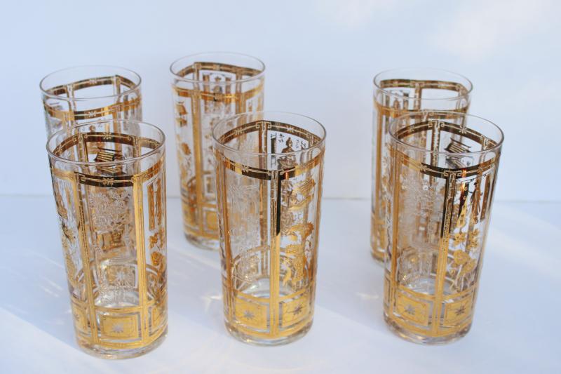 photo of Culver glass tumblers w/ oriental design in gold, mid-century mod vintage drinking glasses #8