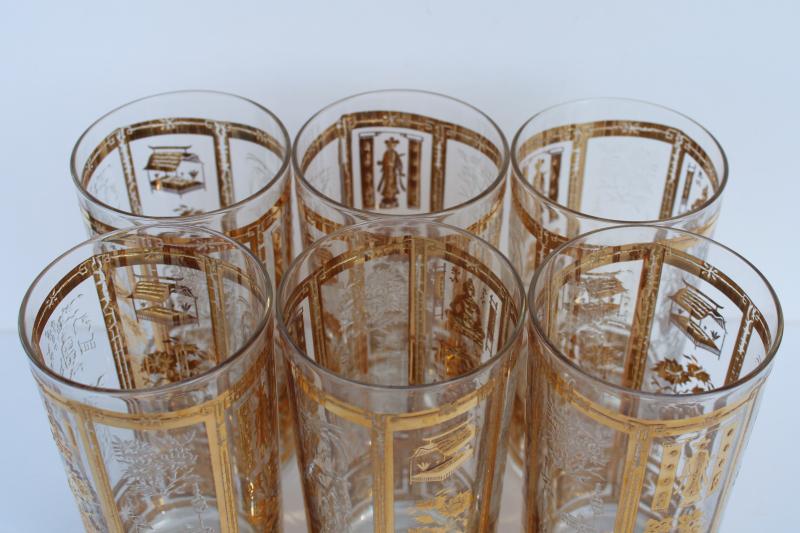 photo of Culver glass tumblers w/ oriental design in gold, mid-century mod vintage drinking glasses #9