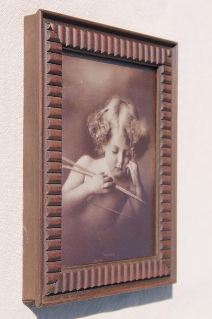 photo of Cupid asleep antique sepia photo print in original wood frame, nude angel baby cherub #3