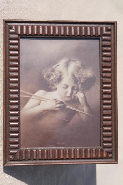 photo of Cupid asleep antique sepia photo print in original wood frame, nude angel baby cherub #5