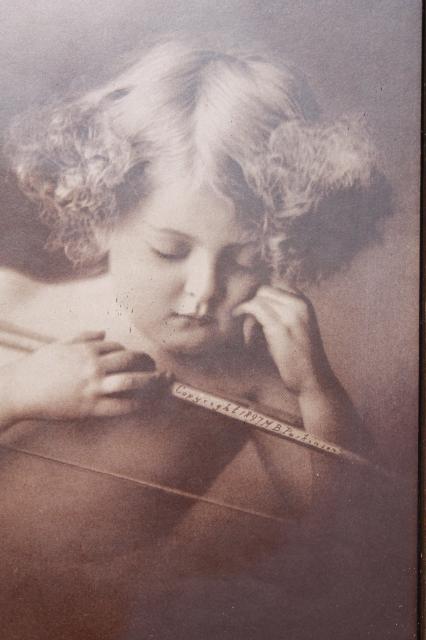 photo of Cupid asleep antique sepia photo print in original wood frame, nude angel baby cherub #6