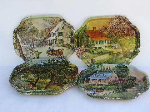 photo of Currier & Ives four seasons litho print metal trays, 50s vintage Hong Kong #1