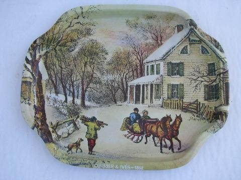 photo of Currier & Ives four seasons litho print metal trays, 50s vintage Hong Kong #2