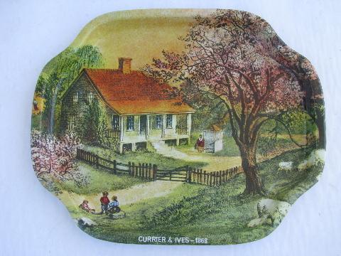 photo of Currier & Ives four seasons litho print metal trays, 50s vintage Hong Kong #3