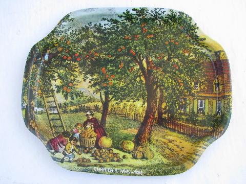 photo of Currier & Ives four seasons litho print metal trays, 50s vintage Hong Kong #5