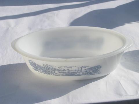 photo of Currier & Ives steamboat scene, vintage blue & white Glasbake casserole #1