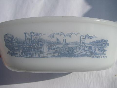 photo of Currier & Ives steamboat scene, vintage blue & white Glasbake casserole #3