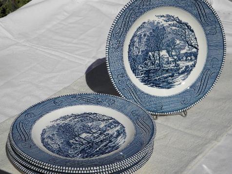 photo of Currier & Ives vintage blue & white Royal china, 6 dinner plates #1