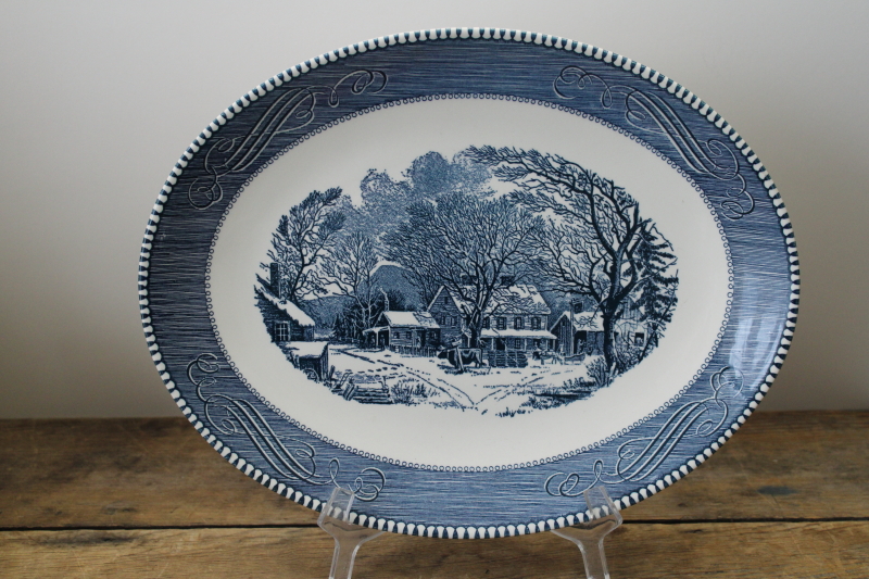 photo of Currier & Ives blue & white china platter, old inn in winter farmhouse scene  #1