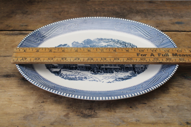 photo of Currier & Ives blue & white china platter, old inn in winter farmhouse scene  #3