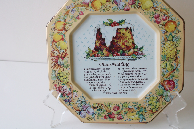 photo of Daher style print tin tray plates w/ Christmas recipes, plum pudding & buche de noel #3