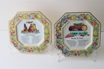 Daher style print tin tray plates w/ Christmas recipes, plum pudding & buche de noel