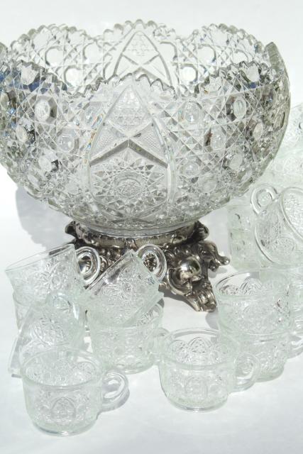 photo of Daisy & Button pattern pressed glass punch set, big bowl w/ metal stand, punch cups #1