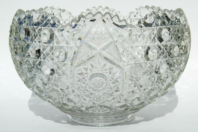 photo of Daisy & Button pattern pressed glass punch set, big bowl w/ metal stand, punch cups #8
