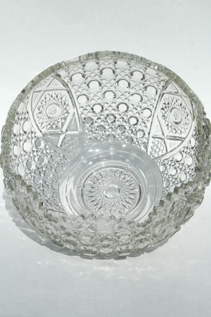 photo of Daisy & Button pattern pressed glass punch set, big bowl w/ metal stand, punch cups #10
