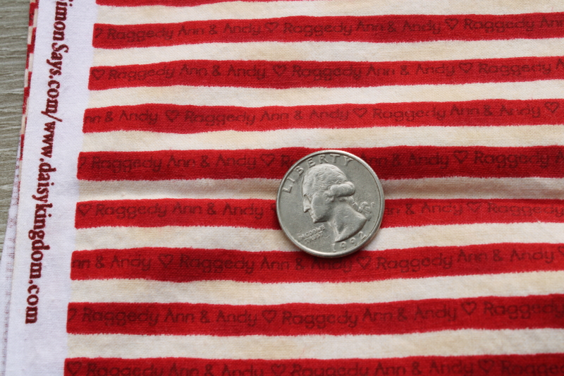 photo of Daisy Kingdom Raggedy Ann and Andy type font lettering red stripe print cotton fabric #1
