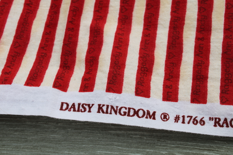 photo of Daisy Kingdom Raggedy Ann and Andy type font lettering red stripe print cotton fabric #2