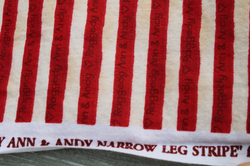 photo of Daisy Kingdom Raggedy Ann and Andy type font lettering red stripe print cotton fabric #3