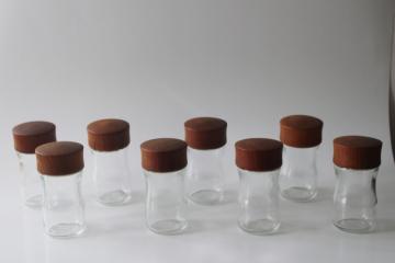 catalog photo of Danish mod minimalist vintage glass / teak wood spice jars set, Dansk or Digsmed 