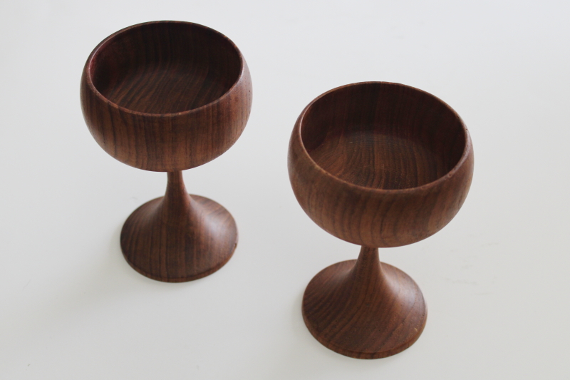 photo of Danish modern teak wood goblets, vintage candle holders pair, 60s 70s mod #1