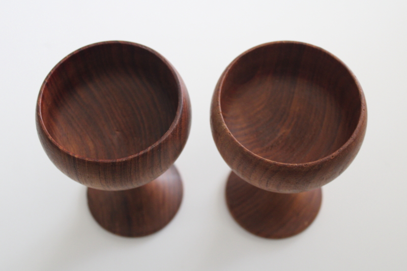 photo of Danish modern teak wood goblets, vintage candle holders pair, 60s 70s mod #3