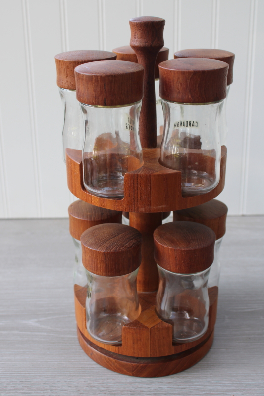 photo of Danish modern vintage Digsmed teak wood turntable two tier lazy susan spice set w/ jars #1