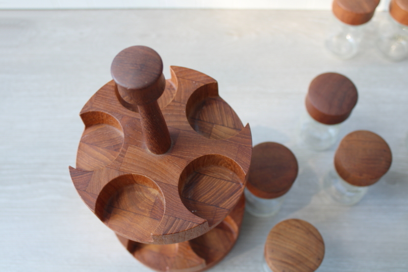 photo of Danish modern vintage Digsmed teak wood turntable two tier lazy susan spice set w/ jars #3