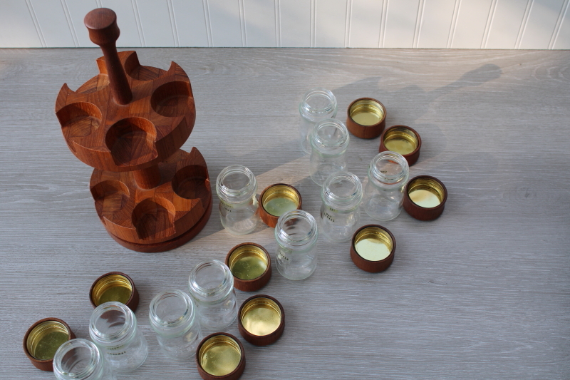 photo of Danish modern vintage Digsmed teak wood turntable two tier lazy susan spice set w/ jars #8