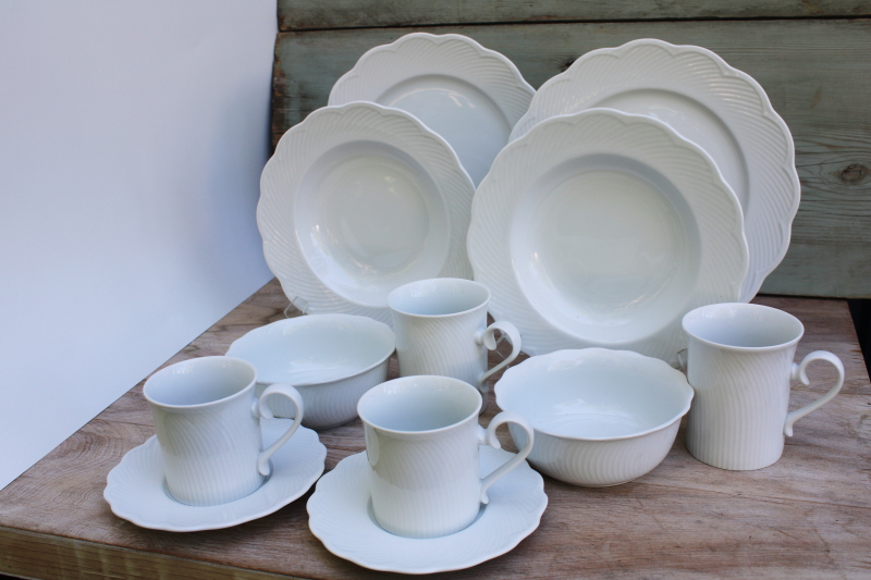 photo of Dansk Japan Blanc white embossed scalloped shape dinnerware set for two plates bowls mugs #1