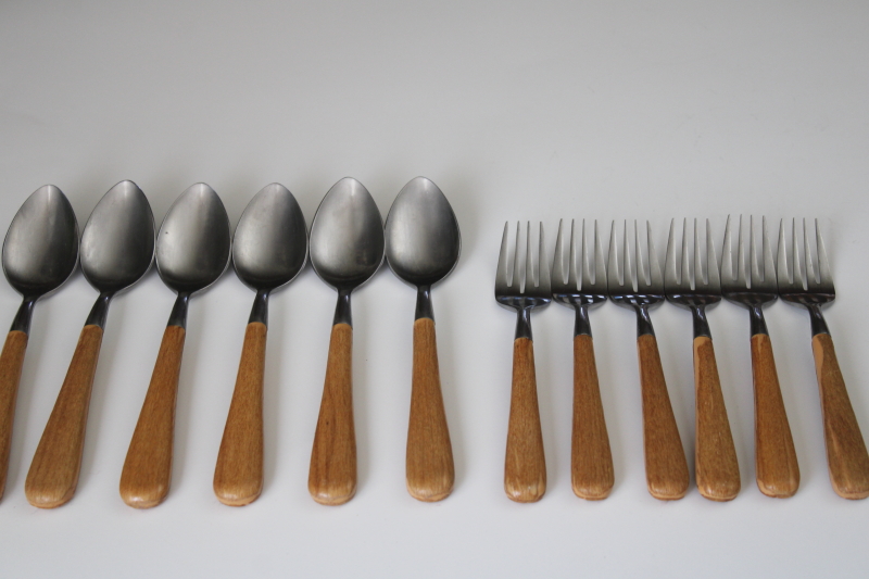 photo of Dansk style mod vintage Japan 18 8 stainless flatware w/ blonde wood look plastic handles #1