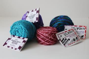 catalog photo of Darn Good Yarns recycled silk yarn lot four 50 gram balls different colors textures 