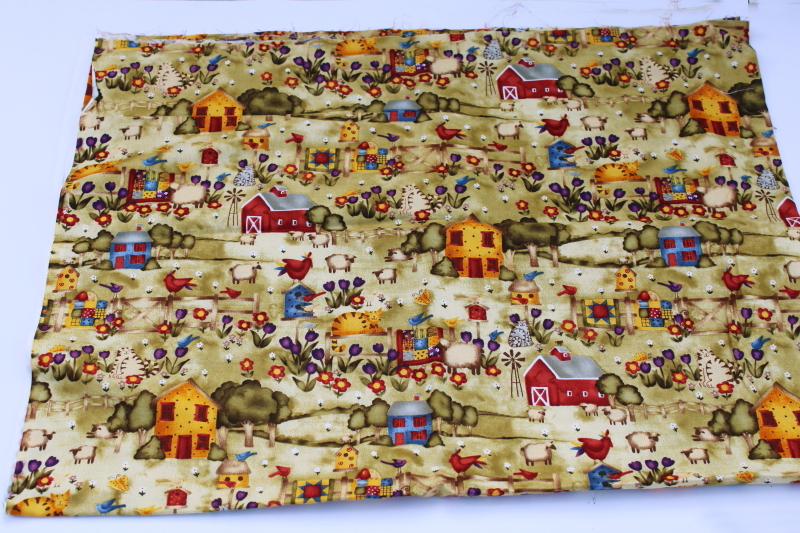 photo of Debi Hron Quilt Country print cotton fabric folk art barns, animals, farmhouses & flowers  #1