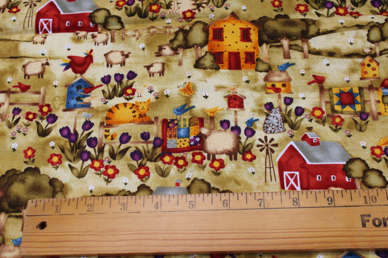 photo of Debi Hron Quilt Country print cotton fabric folk art barns, animals, farmhouses & flowers #2